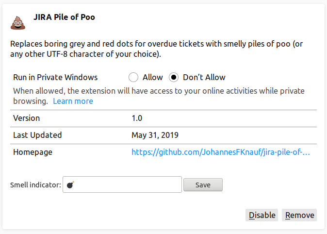 JIRA Pile of Poo Extension configuration page with Bomb emoji.
