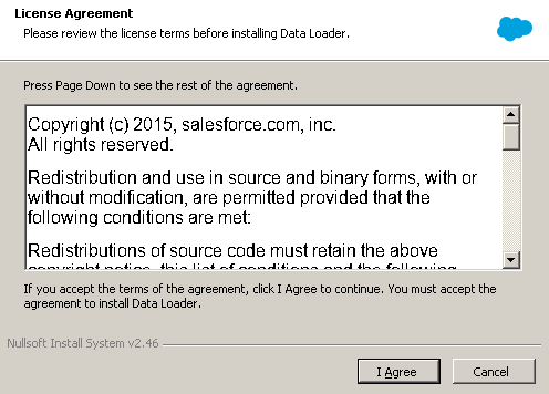 Salesforce Data Loader Installation Wizard: Confirm License agreement